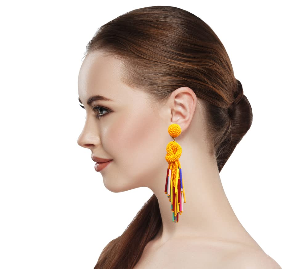 Handmade Beaded Solid Color Post Statement Earrings for Women All Season 4 inch Long (Orange Multi)