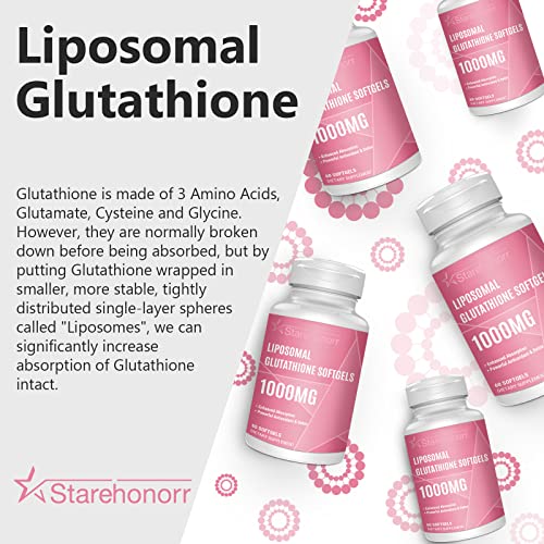 Starehonorr Liposomal Glutathione Softgels 1500MG, Reduced Glutathione Supplement with Vitamin C, Better Absorption, Non-GMO Powerful Antioxidant for Healthy Aging, Detox, Immune Health, 60 Softgels