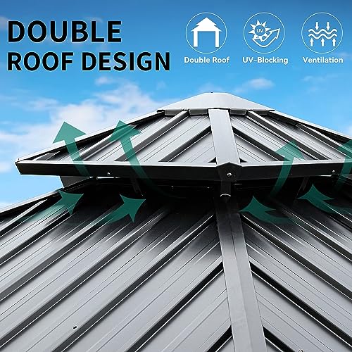 YITAHOME 10x10ft Gazebo Hardtop with Nettings and Curtains, Heavy Duty Double Roof Galvanized Steel Outdoor Combined of Vertical Stripes Roof for Patio, Backyard, Deck, Lawns, Gray