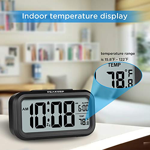 Peakeep Night Light Digital Alarm Clock Battery Operated with Indoor Temperature, Desk Small Clock (Black)