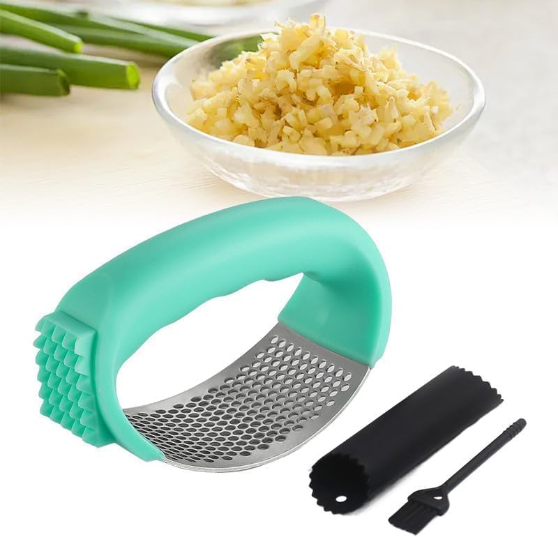 Stainless Steel Garlic Press, Garlic Chopper Garlic Press Rocker Set with Peeler, Garlic Mincer Crusher Masher with Peeler and Cleaning Brush, Garlic Chopper for Smash Garlic Kitchen Tools (Green)