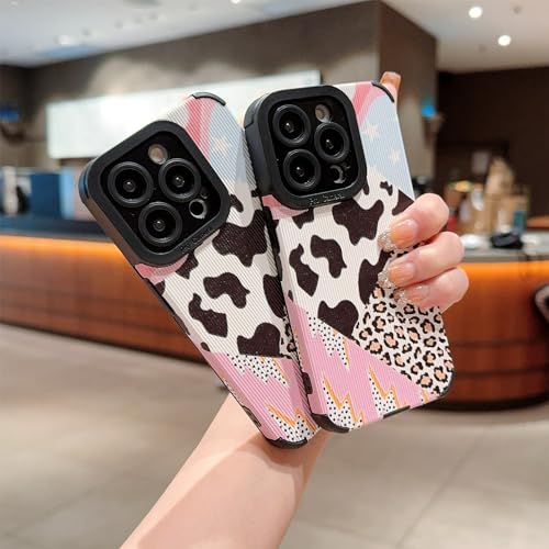 YKCZL Compatible for iPhone 14 Pro Max Phone Case,Cute Leather Leopard and Black Flash Splicing Patter,Soft TPU Full Camera Lens Protective Shock Women Protection Cover for iPhone 14 Pro Max-Black