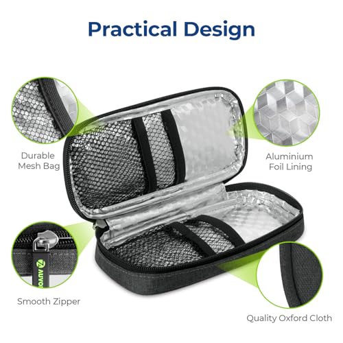 AUVON Insulin Pen Cooler Travel Case with 2 x 90g TSA Approved Ice Packs, Diabetic Medication Insulated Cooling Bag for Insulin Pens and Diabetic Supplies Storage, Compact for Daily Life and Trips