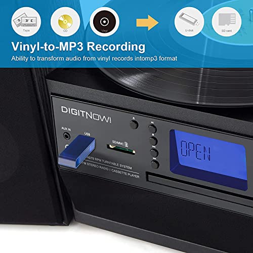 DIGITNOW Bluetooth Record Player Turntable with Stereo Speaker, LP Vinyl to MP3 Converter with CD, Cassette, Radio, Aux in and USB/SD Encoding, Remote Control, Audio Music Player Built in Amplifier