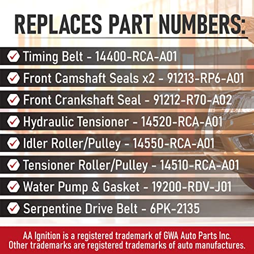 Timing Belt & Water Pump Kit Compatible with Honda, Acura & Saturn Vehicles - Accord, Odyssey, Pilot, TL, RL, MDX, Vue 3.5, 3.0, 3.7 - Replaces TKH002, TCKWP329, 19200-RDM-A02 19200-RDV-J01