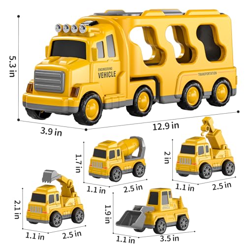 TEMI Construction Truck Boy Toys for 3-5 Year Old Toddlers - Toys for 3 4 5 6 7 Years Old Engineering Transport Vehicle Carrier Truck, Kids Excavator Crane Gift Toys for Boys & Girls Aged 4-6