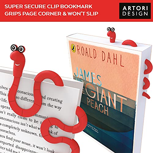 Clip Bookmarks for Kids Students Women and Men - Wally The Bookworm Cool Cute Bookmark and Page Holder Unique Gift Idea - Funny Book Marker and Reading Accessory for Book Lovers (Red)