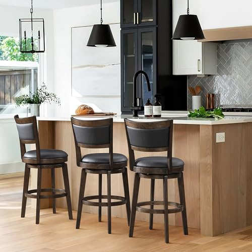 Larksperal 24" Counter Height Barstools Set of 2 - High Back Swivel Bar Stools with Black Faux Leather Upholstered Seat & Solid Wood Footrest, Counter Bar Stool for Kitchen Island & Pub