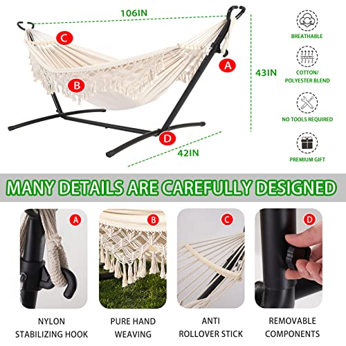 SXSEAGLE Double Hammock with Stand Upgraded Phone Holder Portable Heavy Duty Stainless Steel Indoor Outdoor Patio Yard Beach with Carrying Case （2022 Beige）