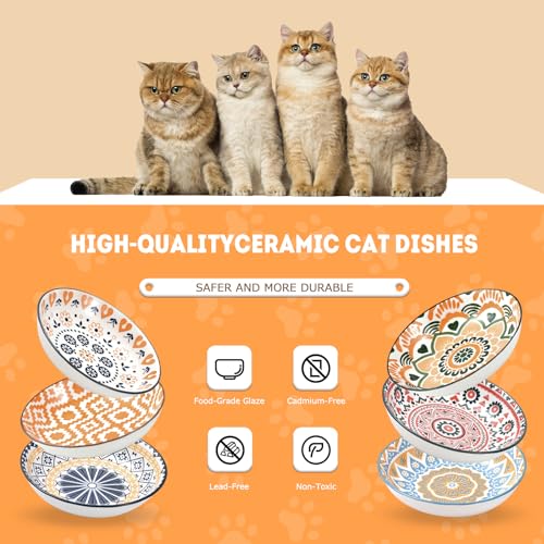 Cat Food Bowls for Indoor Cats Ceramic Cat Bowls Whisker Friendly Cat Dishes for Food and Water 5.5 Inches Kitten Bowls Cute Cat Feeding Bowls Set Cat Wet Food Bowl Set (8 pcs)