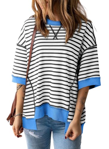 GUNEST Womens Summer Tops Blue Striped Casual Crewneck Short Sleeve Sweatshirt Striped Color Block Trendy Pullover Knitted T Shirts Blouse