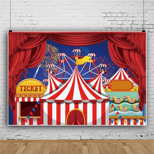 YongFoto Circus Theme Backdrop 15x10ft Red White Striped Tent Night Star Balloons Stage Red Curtain Photography Background Kids Birthday Baby Shower Carnival Night Party Banner Clown Portrait Prop