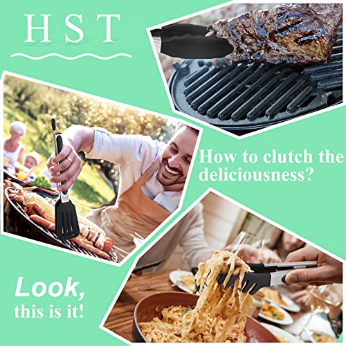 HST Tongs for Cooking with Silicone Tips(3 Pack), Non Stick Kitchen Tongs with Silicone Tip for Cooking BBQ Baking (9", Black)