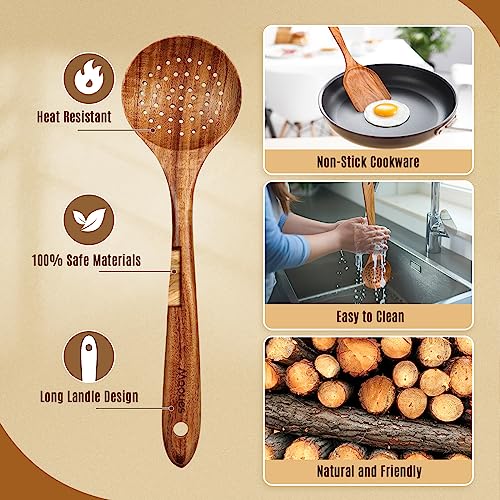 Mooues Wooden Spoons for Cooking, Wooden Utensils for Cooking Natural Teak Wooden Kitchen Utensils Set Comfort Grip (3 PCS SET)