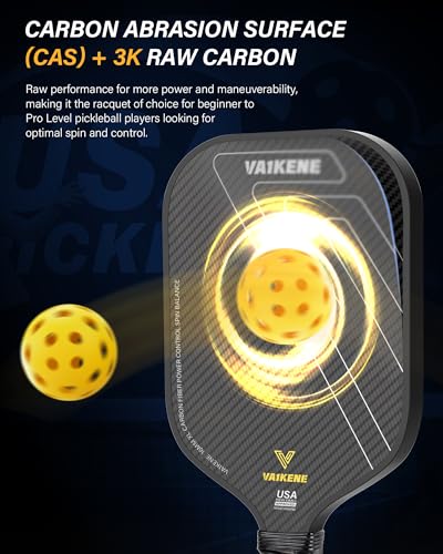 VA1KENE Pickleball Paddle, USA Pickleball Approved, 3K Raw Carbon Fiber SpinFlex Surface Paddle, 16MM PP Honeycomb Core Pickle Ball Racket for Men/Women