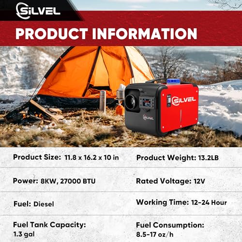 SILVEL 8KW Diesel Air Heater,Diesel Heater All in One 12V with LCD Display, Remote Control,Silencer, Fast Heating,for RV Truck, Boat, Camper, Car Trailer, Motorhomes, Caravans, Orange