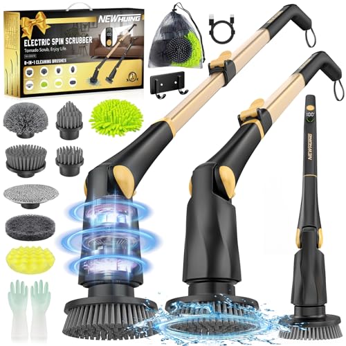 Electric Spin Scrubber Cleaning Brush - Power Shower Scrubber with Long Handle - Cordless Floor Scrubber with 8 Replaceable Brush Heads for Tub Tile Glass Grout