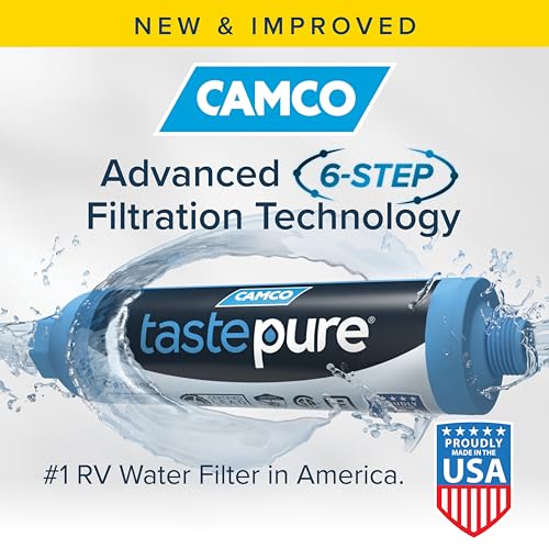 Camco TastePURE XL RV Water Filter - Reliable RV Inline Water Filter with Flexible Hose Protector - GAC & KDF Water Filter - Made in USA - Camping Essentials for Fresh Drinking Water (40019)