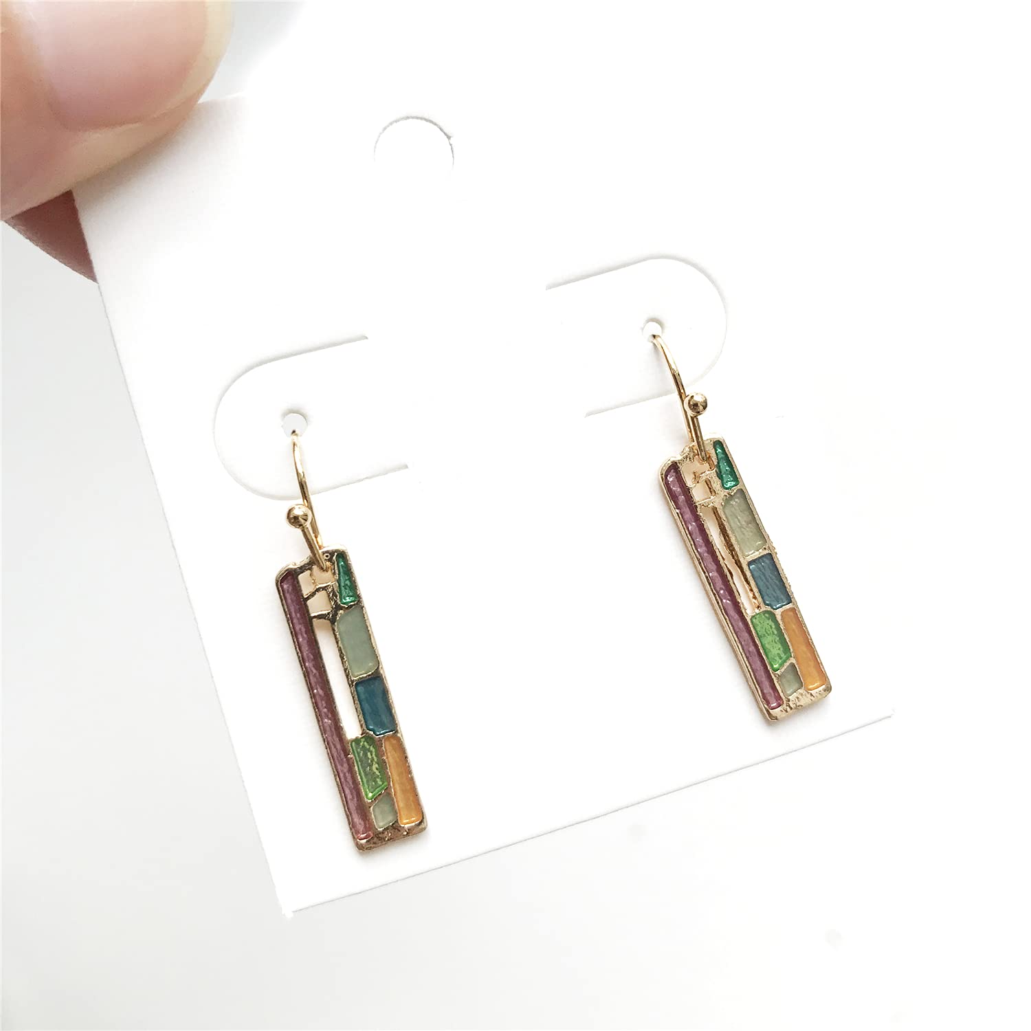 D.Rosse Unique Handmade Bohemian Enamel Vintage Silver Bar Dangle Earrings Chic Colorful Geometric Square Drop Earrings for Women Statement Jewelry (Color)