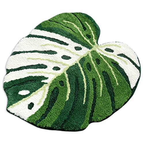 FrecklePot Pink Princess Non Slip Bath Mat or Kitchen Tufted Rug, Plant Leaf Shaped Kids Pets Floor Mat Carpet, Green, 32" x 24"