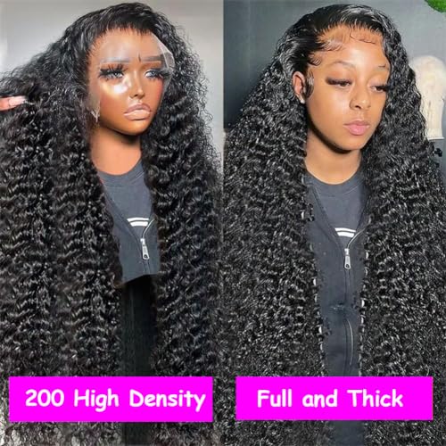 13x4 Lace Front Wigs Human Hair Deep Wave Lace Frontal Wigs 180% Density Glueless Brazilian Virgin Hair Pre Plucked with Baby Hair Natural Hairline HD Lace Wigs for Women Natural Black Color 18 Inch