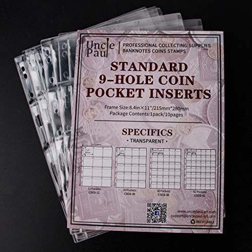 Uncle Paul Coin Collecting Pages 5 Sheets 12 Pockets Standard 9Hole Coin Pocket Inserts Collecting Sleeves for Coins CS03512