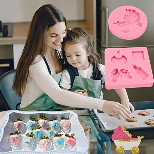 Baby Showers Fondant Molds 4pcs, Baby Stroller Cake Decorating Silicone Molds Kitchen Baking Tools for Chocolate Candy, Bread, Cookies, Mousse, Soap, Epoxy, Clay, Candles