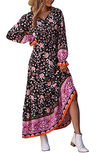 PRETTYGARDEN Women's Long Sleeve Midi Dress - V Neck Casual Chiffon Buttons Floral Print Fall Long Dresses (Black,Small)