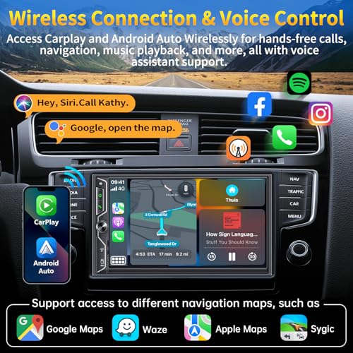 [QLED Screen Upgrade] Double Din Car Radio with Wireless Apple CarPlay and Android Auto, Bluetooth, 4.2-Channel Audio Output, MirrorLink, 7" HD QLED Touchscreen, Backup Camera, AM/FM Car Stereo