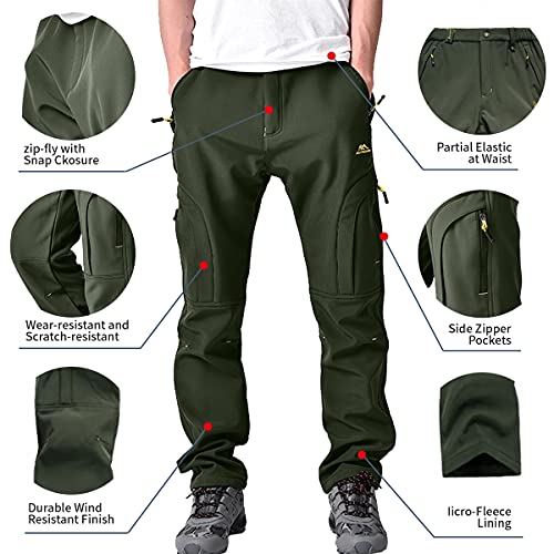 Toomett Men's Snow Pants Waterproof Skiing Winter Insulated Soft Shell Outdoor Fleece Lined Cargo Hiking Pants with Zipper Pockets,MH4409,Army,29