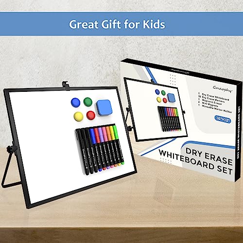 Dry Erase White Board, 16 x12 Inch Magnetic Whiteboard with Stand, Portable Double-Sided White Board Easel with 10 Markers 4 Magnets 1 Eraser, Desktop Dry Erase Board for Work School Memo to Do List