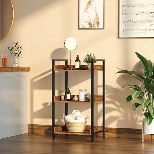 Rolanstar Bookshelf, 3-Tier Storage Rack, Narrow Corner Bookshelf, Display Wooden Shelves for Living Room, Bathroom, Balcony, Kitchen,Rustic Brown