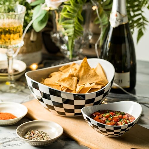 Miamolo Tiered Serving Bowls Chip and Dip Serving Set, Checkered Serving Bowl with Stand, Ceramic Appetizer Serving Dishes Serving Platters and Trays for Parties Entertaining