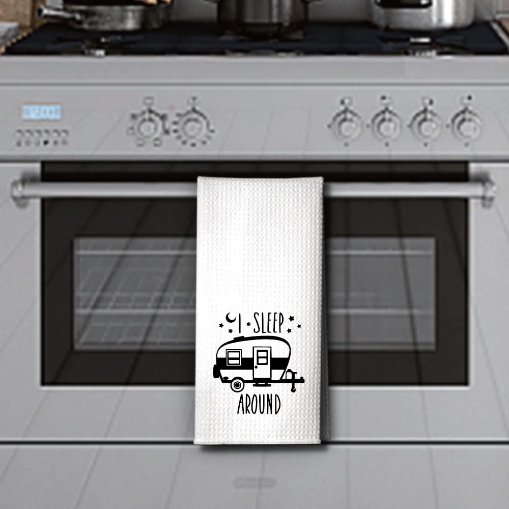 Hafhue I Sleep Around Kitchen Towel, Funny Camping Kitchen Towel Gifts for Women Sisters Friends Mom Aunts, Housewarming Gift for Women Hostess, New Home Gift for Women, Camping Gifts