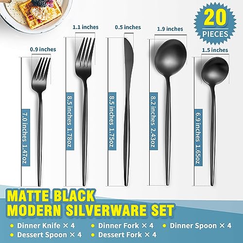 Lemeya Matte Black Silverware Set for 4,Modern Stainless Steel Brushed Cutlery Set,20-Pieces Heavy Duty Flatware Set,Knives Spoons and Forks Set Utensils Set, Satin Finish, Dishwasher Safe