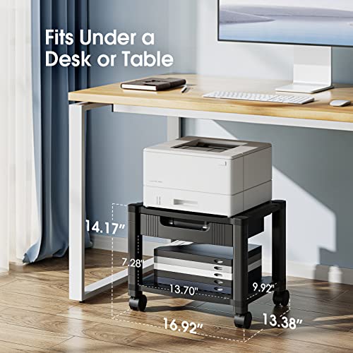 HUANUO Printer Stand with Cable Management and Storage Drawer, Printer Table with Locking Wheels, 14.1-inch Maximum Height Printer Cart for Under Desk, Home, Office, HNDPS