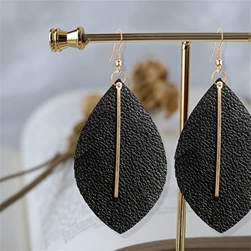 KVANU Handmade Bohemian Lightweight Soft Leather Leaf Dangle Drop Earrings Minimalist Fashion Fringe Chain Feather Hook Earrings for Women (Style-1-Grey)