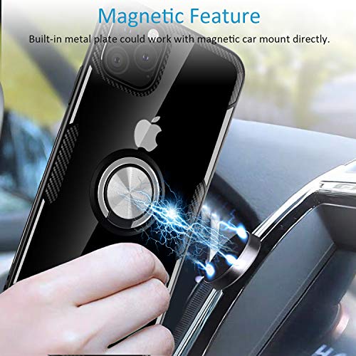 SQMCase Designed for iPhone 11 Case 6.1 inch 2019, Carbon Fiber Design Clear Crystal Anti-Scratch Case with 360 Degree Rotation Ring Kickstand(Work with Magnetic Car Mount) for iPhone 11,Black