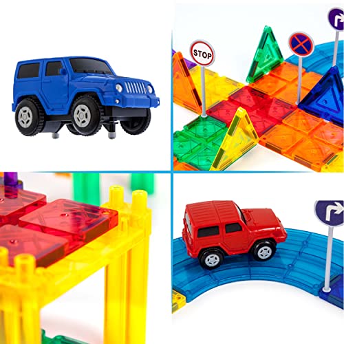 PicassoTiles Magnetic Race Track Toys Car Tracks Set for Toddlers Magnet Building Blocks Tiles Sensory Toys for Kids Include 2 Trucks STEM Engage in Thrilling Races Age 3+ Year Old Boys Girls