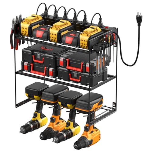 JUNNUJ Large Power Tool Organizer with 10 Outlet Power Strip, 3 Layer Wall Mount Drill Holder with Charging Station, 8 Drills Storage Shelf Shop Garage Utility Rack, Black