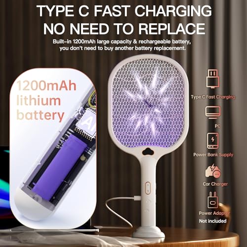 Electric Fly Swatter Racket buzzkick Foldable Bug Zapper Racket Portable 3 In 1 Fly Swatter Electric With USB Rechargeable Base 3500V Dual Mode Mosquito Killer For Indoor Home Kitchen Bedroom Backyard