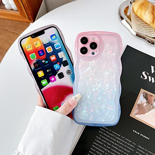 Qokey Clear Cute Flower Design Lens Glitter Shell Pattern Case with Wave Curly Frame,Soft Slim Shockproof Anti-Fingerprint Dirt-Resistance Compatible with iPhone Case(Blue,for iPhone 13 Pro Max)