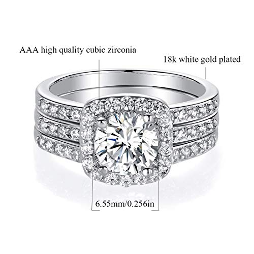 MDFUN 18K White Gold Plated Cubic Zirconia Three-in-One Halo Wedding Engagement Promise Eternity Ring for Women (4.5)