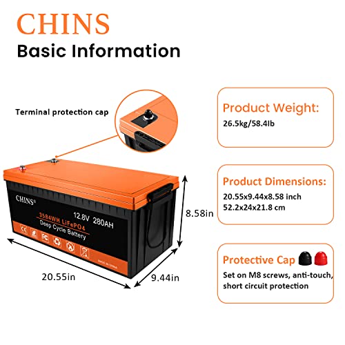 CHINS 2Pack LiFePO4 Battery 12V 280AH Lithium Battery, Built-in 200A BMS, 6000+ Cycles, Includes Low Temperature Cut-off Function, for RV, Off-Grid, Solar Power System, Home Backup, UPS, Marine