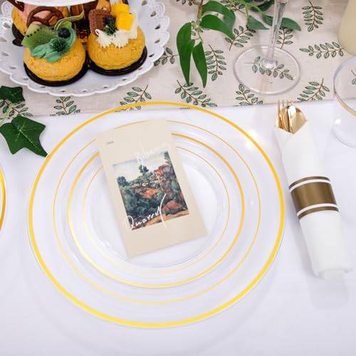 DaYammi 210PCS Clear Gold Plastic Dinnerware Set for 30 Guests, Fancy Disposable Plates for Party, Include: 30 Dinner Plates, 30 Dessert Plates, 30 Pre Rolled Napkins with Gold Silverware, 30 Cups