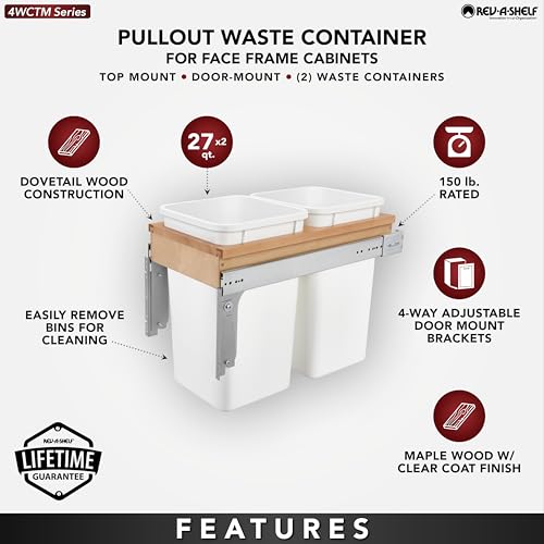 Rev-A-Shelf Double Pullout Trash Can for Under Kitchen Cabinets 27 Quart 8.75 Gallon, Top Mount 11.75 Inch Wide, White, 4WCTM-15DM2-162