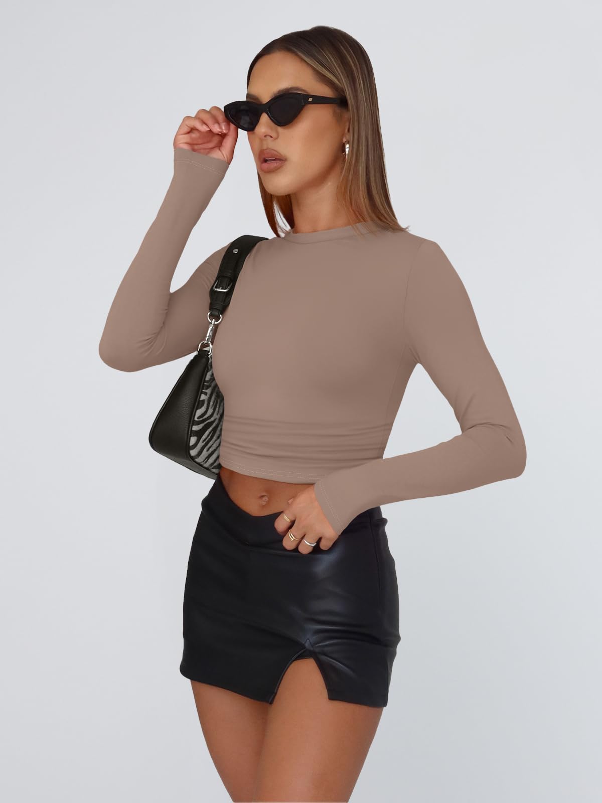 Trendy Queen Womens Long Sleeve Shirts Basic Crop Tops Tight Slim Fit Cute Teen Girls Fall Winter Y2k Clothes Coffee Grey M