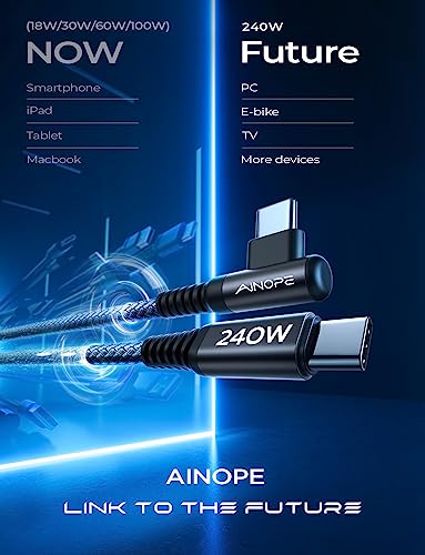 AINOPE 240W USB C to USB C Cable (6.6ft 2Pack), C to C Type Fast Charging Cable Braided USB C Charger cable, USBC to USBC Cable Right Angle for Samsung Galaxy S24, iPhone 15 Pro, MacBook, iPad Pro Air