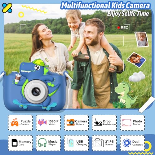 Dwfit Upgrade Selfie Kids Camera, Christmas Birthday Gifts for Boys Girls Age 3-12, HD Kids Digital Video Cameras for Toddler with Cartoon Soft Silicone Cover, Portable Toy for 3 4 5 6 7 8 Years Old