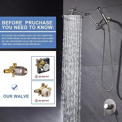 Rain Shower Head With Handheld Combo Set, Bathroom Shower System with Rough-in Valve, With Adjustable Extension Arm & 3-Way Diverter & Wall Mounted Shower Fixtures (8"round, Brushed Nickel)